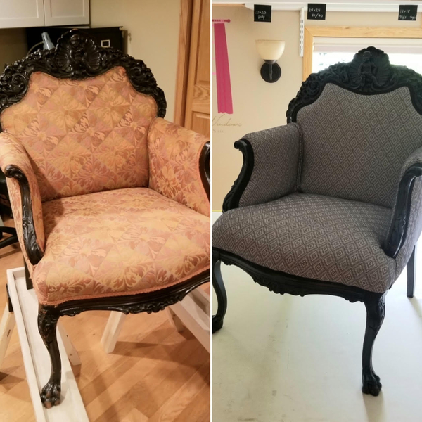 Jill, Before and after chair reupholstery project.