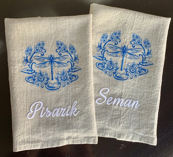 Jeanmarie, Personalized tea towels for new home closing gifts. This vibrant blue looks gorgeous on the natural...