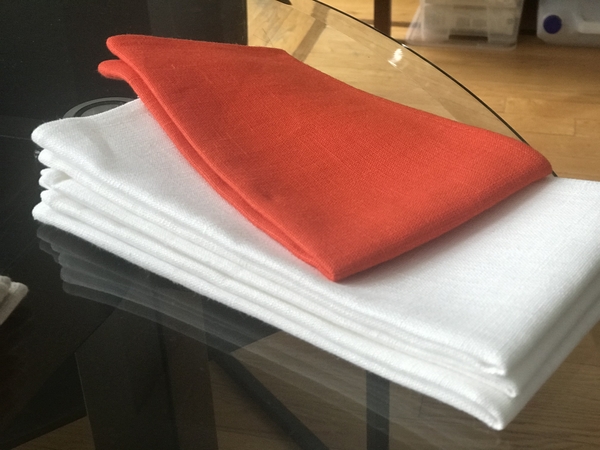 Diane, Hemmed Dinner Napkins (White) and Luncheon Napkin (Red)