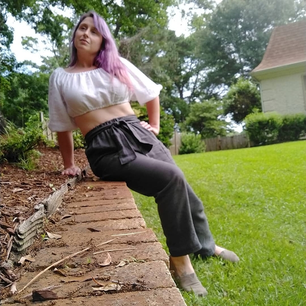 Amy, Gathered crop top in bleached light linen and high-waisted pants in medium gray pinstripe linen.