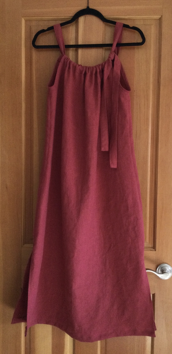 H, Color: Redwood is a beautiful color!
Self drafted dress, tie straps.