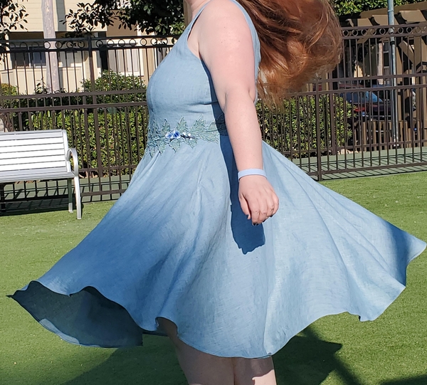 Charla, My first ever full sewing project. Self-drafted bodice and circle skirt. I dyed it with a mixture of...