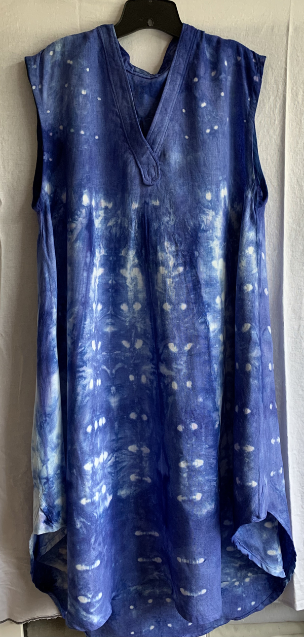 Christina, This is the Cameron Dress in linen. Hand dyed by me using shibori pinning techniques and periwinkle...