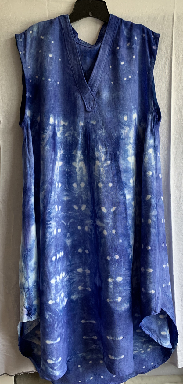 Christina, This is the Cameron Dress in linen. Hand dyed by me using shibori pinning techniques and periwinkle...