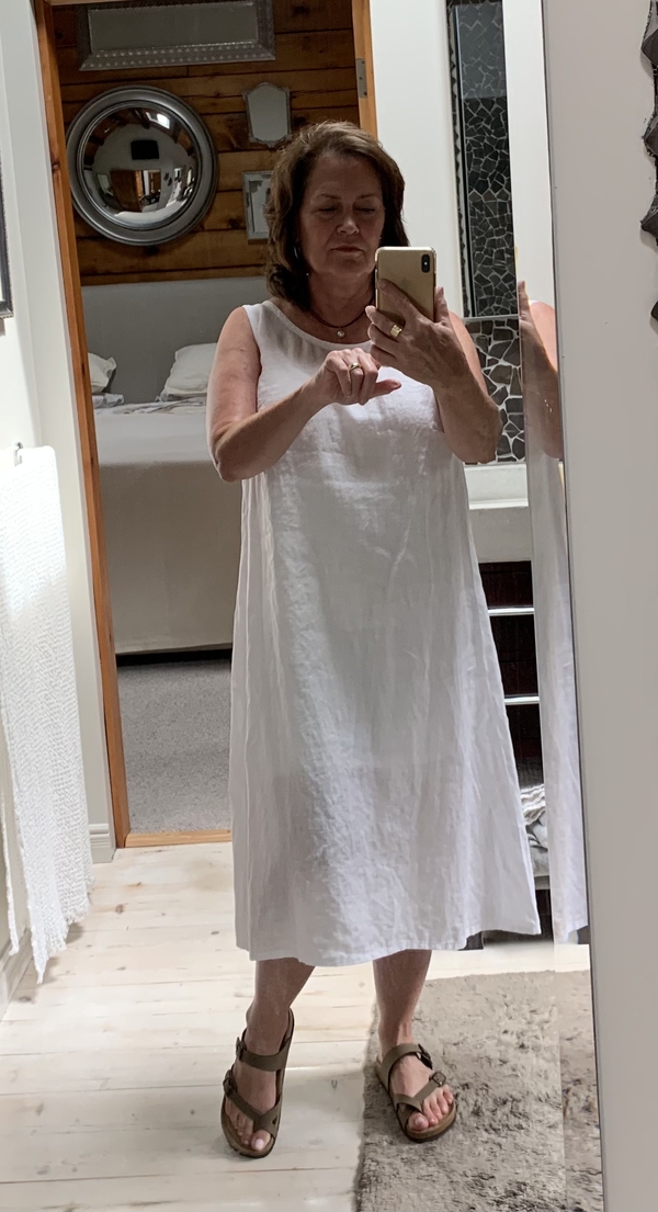 Maureen, A simple white dress with light weight 3.5 weight bleached linen. I initially wanted a nightgown, bu...