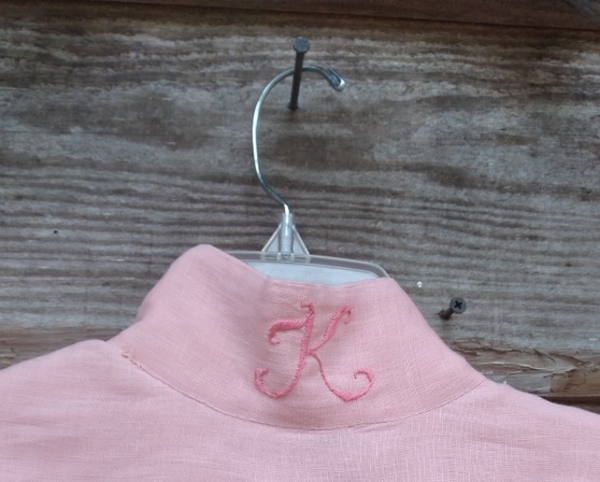 Elaine, Hand embroidered monogram on collar. Just for grins and giggles.