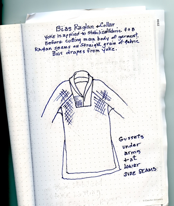 Elaine, Bias Raglan tunic/shirt with collar:
Front back and sleeves cut on bias with seams on straight grain...