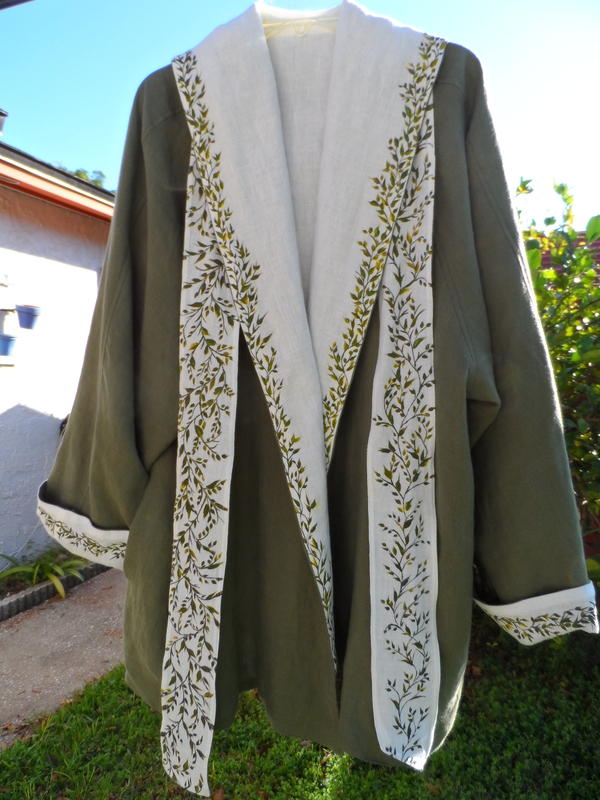 Martha, This hooded jacket was made with IL019 Bleached & Dried Herb. The vines are hand painted with fa...