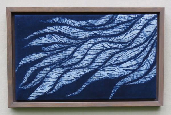 Erica, Indigo dyed shibori wall hanging titled Flow