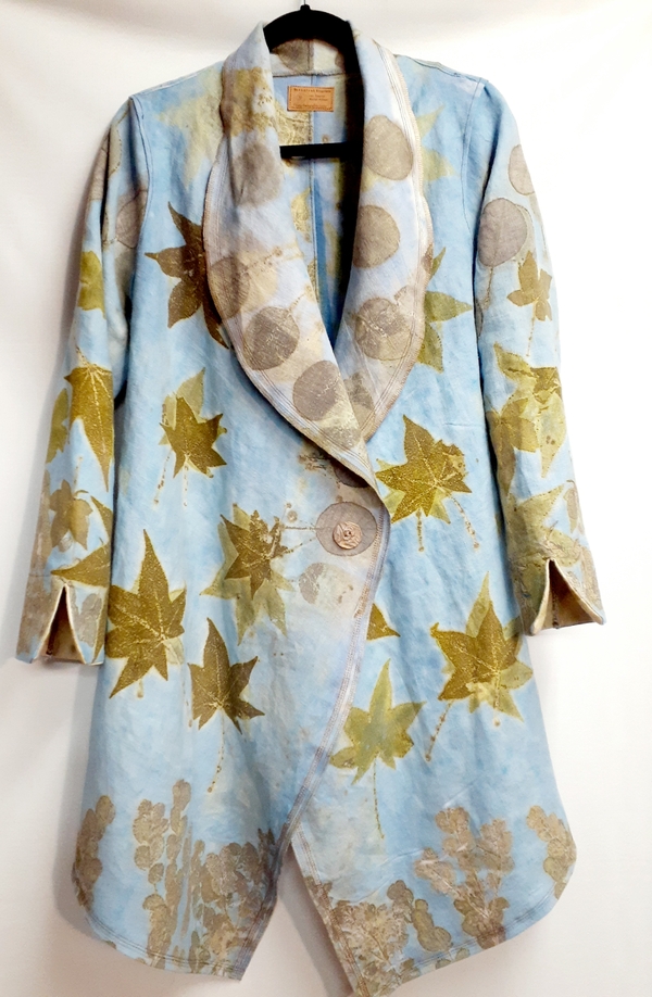 Lian, Hand dyed and ecoprinted heavy linen. Cut and sewn into an unlined coat, with a shawl collar and sli...