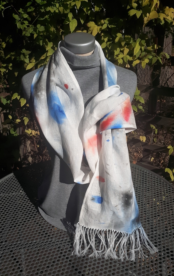 Marianne, Handpainted linen scarf with loop and and hand tied fringe.