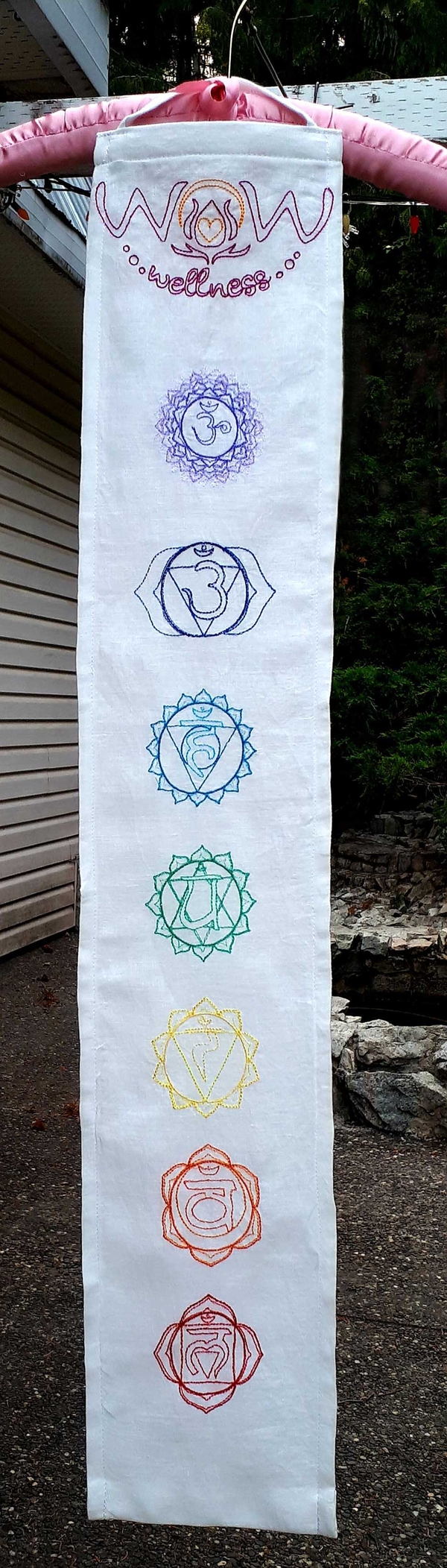 REBECCA, I created this banner for a Yoga Retreat featuring my own embroidered Chakra designs on IL019 Bleac...
