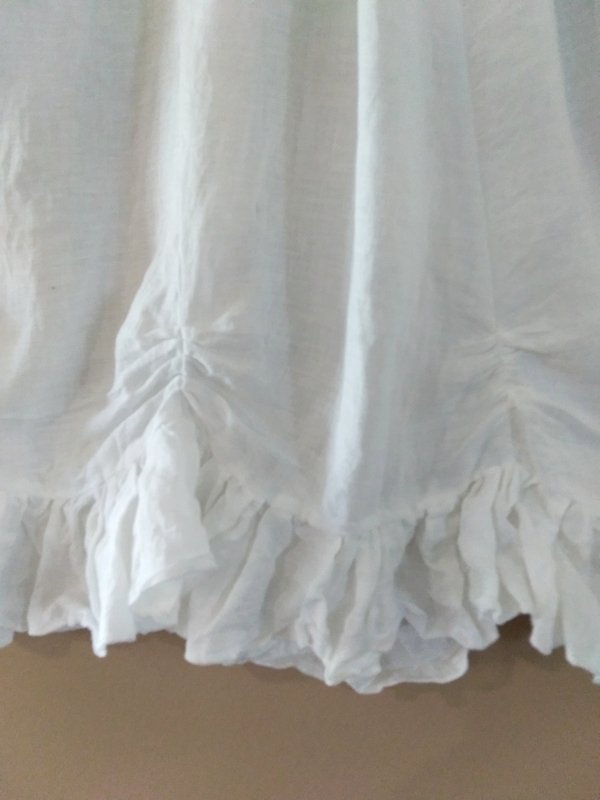 Michelle, Petticoat skirt, elastic waist and ruching around hem.
Made.with lightweight linen which crushes up...