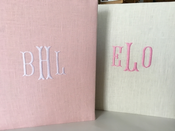 Susie, Hello,
We make custom made monogrammed baby and wedding books with Fabrics-Stores beautiful linens....