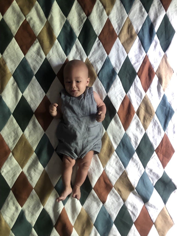 Miriam, Created a diamond, patchwork quilt for my baby boy using entirely fabrics-store linen. My first ever...