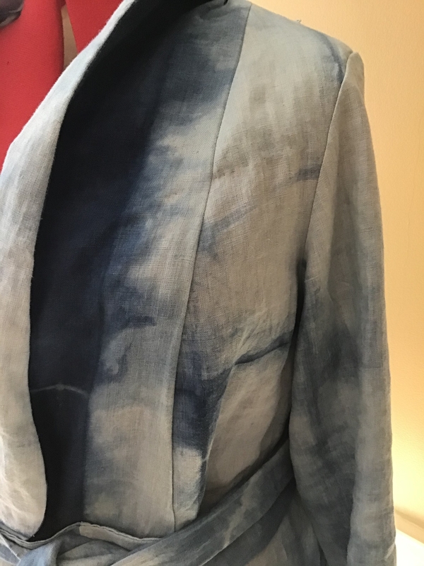 Jacqueline, Close up of the Sew Liberated Lichen duster made with Indigo dyed IL20 bleached linen.  Dyed by Mela...