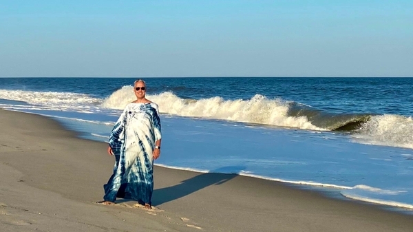 Patrick, My first Japanese Shibori indigo handkerchief linen caftan that I hand dyed and sewed during the loc...
