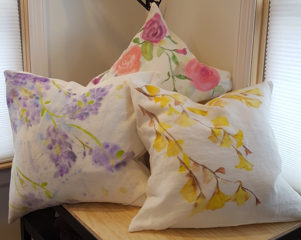 Eileen , These pillow covers are had painted on bleached linen using Dynaflow Jaquard paint. After painting i...