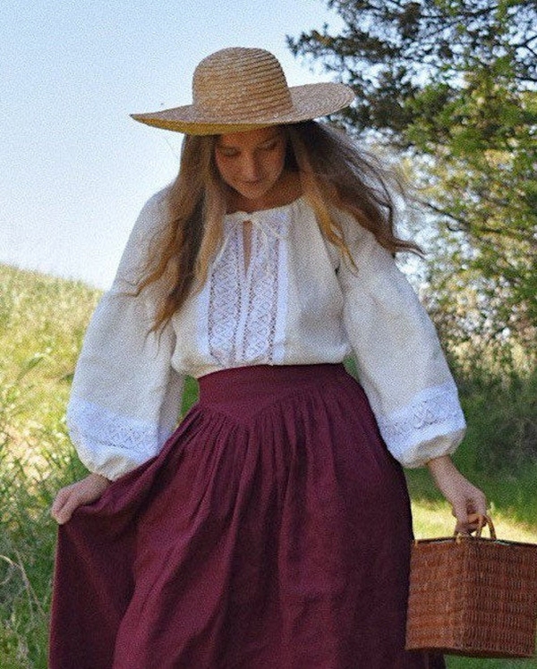 Elena , Cottage Core outfit. Peasant Blouse is bleached signature linen with cotton lace trim, skirt if tawn...