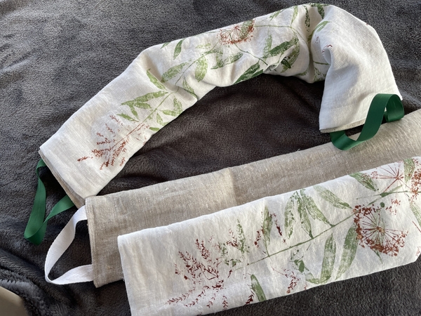 Jane, Sleeves for rice filled neck warmers are hand printed from pressed botanicals on bleached linen, IL0...