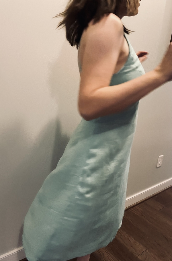 Karen , A simple linen dress that I dyed a turquoise color.  It’s a flattering silhouette with some darts an...