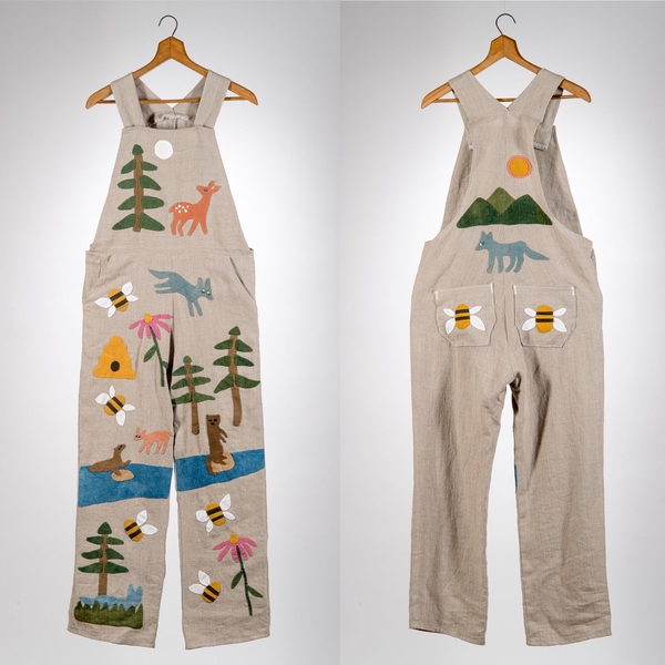 Mirrah, This piece was made for and about my dear sibling.100% linen: natural linen for the overalls; Bleach...
