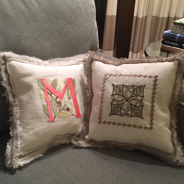 Ann, Embroidered pillows.  Who needs fringe when you have nice heavy linen that you can fringe yourself?...