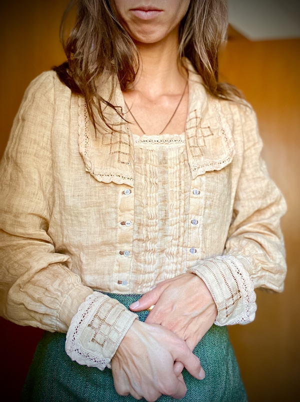 Rainbow, This blouse is 1920s inspired. It includes drawn thread work on the cuffs and collar, as well as pin...