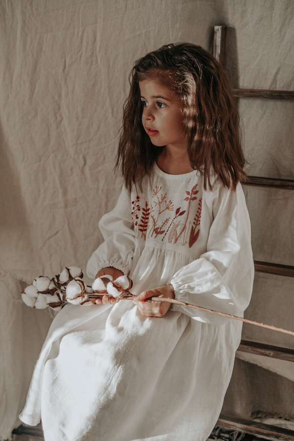 Karina, The hand-embroidered dress for my daughter, made from bleached FS Signature finish linen ❤