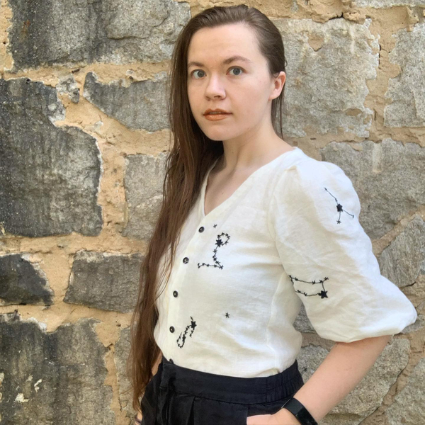 Raine, A daytime/nighttime (mostly)handsewn zodiac blouse made from bleached linen! One side has simple thi...