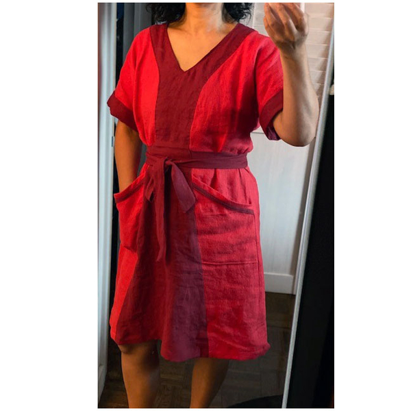 Claire, Pull on dress sewn from Sew House 7. Biking red for the insets, Poppy red waffle weave linen for the...
