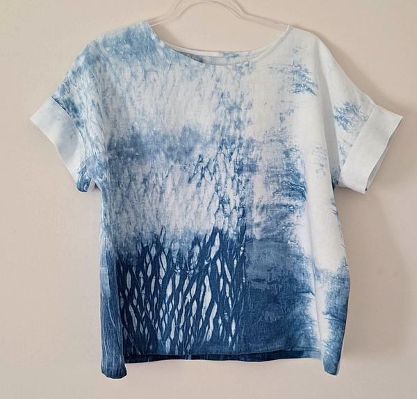 Gail, Hand-dyed shibori design on IL019 Bleached - Agustina pattern.