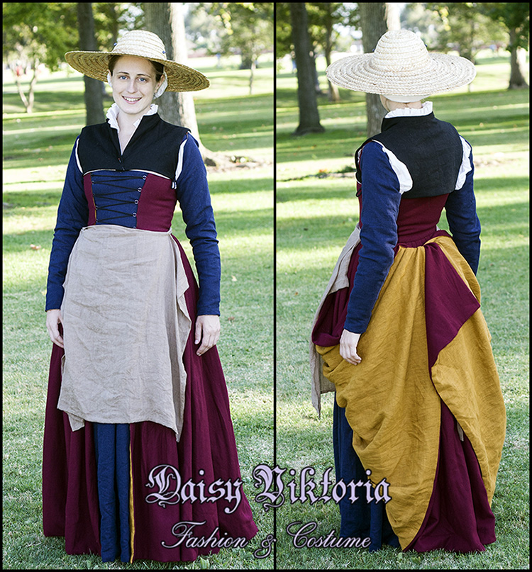 Daisy, 16th cen­tury Flem­ish working class gown. Smock, two partlets, kirtle, sleeves, apron, and cap made...