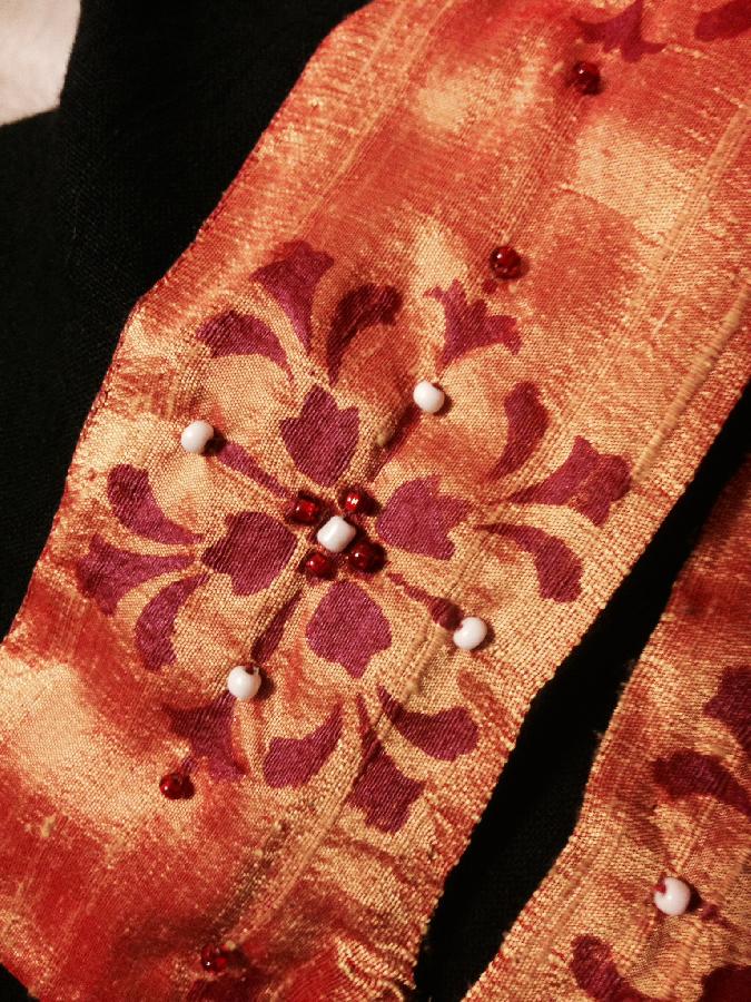 Roxanne, Detail work on collar, dupioni silk on linen. Garment is 12th century bliaut. Pattern painted with d...