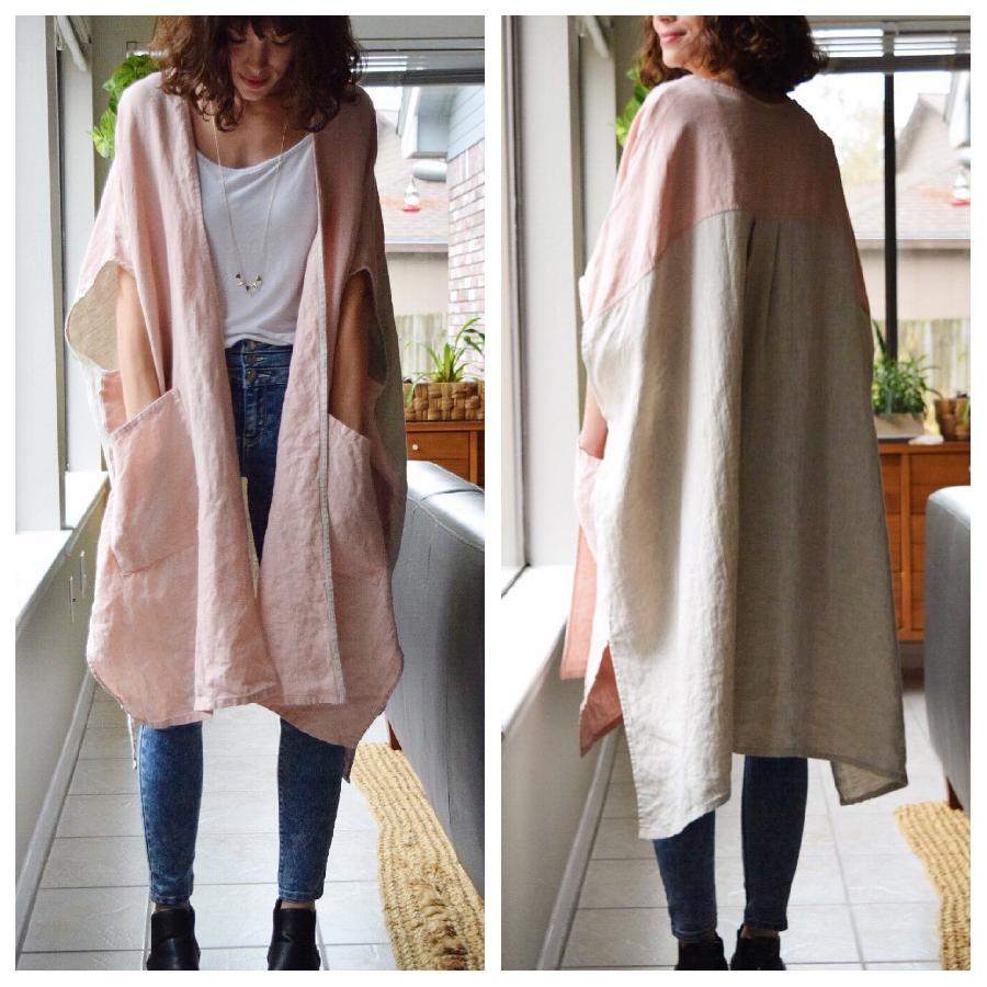 Randee, Kimono w oversized pockets made w medium weight bleached dyed w avocado + onion skins and mixed natu...