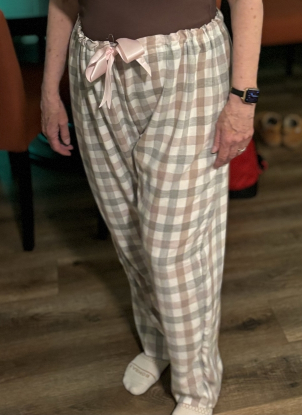 Lisa, Light weight flannel pj bottoms made using the Devin Linen Pajamas Sewing Pattern with a ribbon draw...