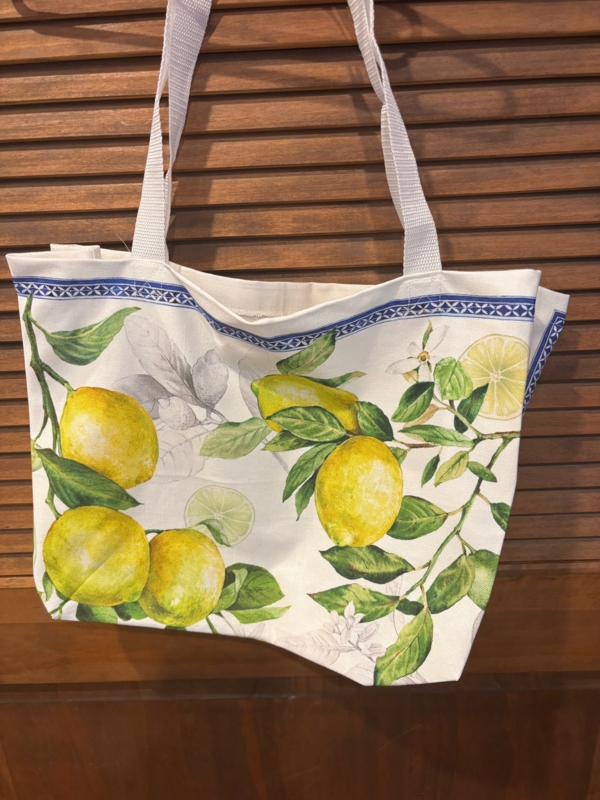 Craig, Farmers Lemon Tea Towel made into a reusable shopping bag.
