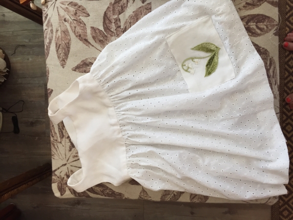 Virginia, Linen bodice, skirt is cotton eyelet, I embroidered the Lilly of the Valley on the linen pocket for...