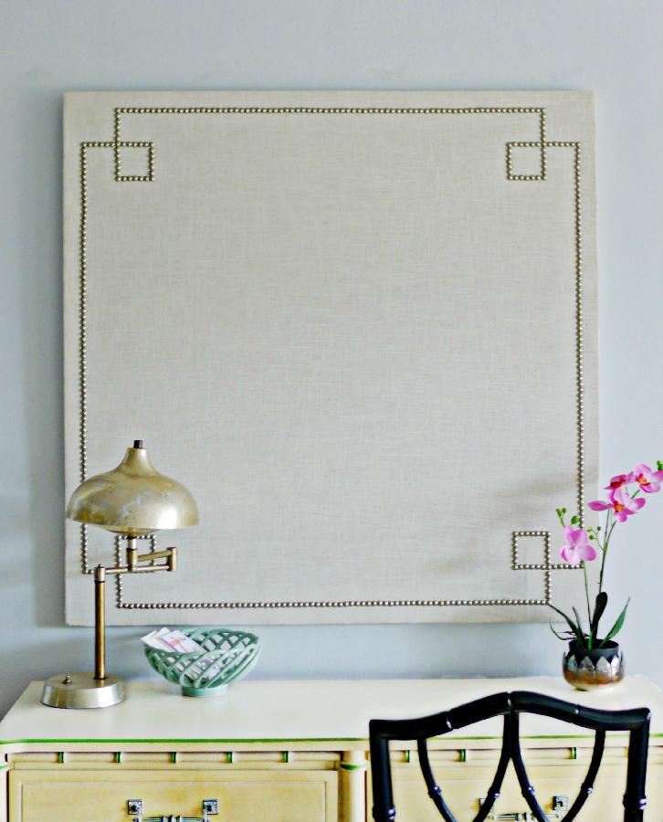Alexis, Custom made linen wrapped corkboard with nail heads in a reverse greek key design!