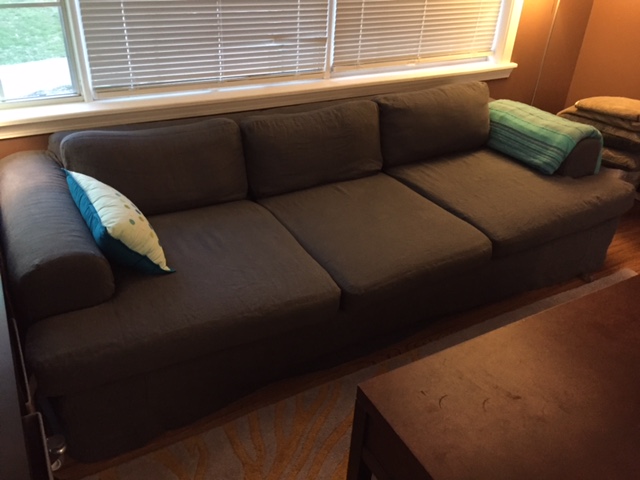 Barbara mcclenny, Custom Slip covered couch in Asphalt 4C22 Linen.
All cushions zip off for washing.