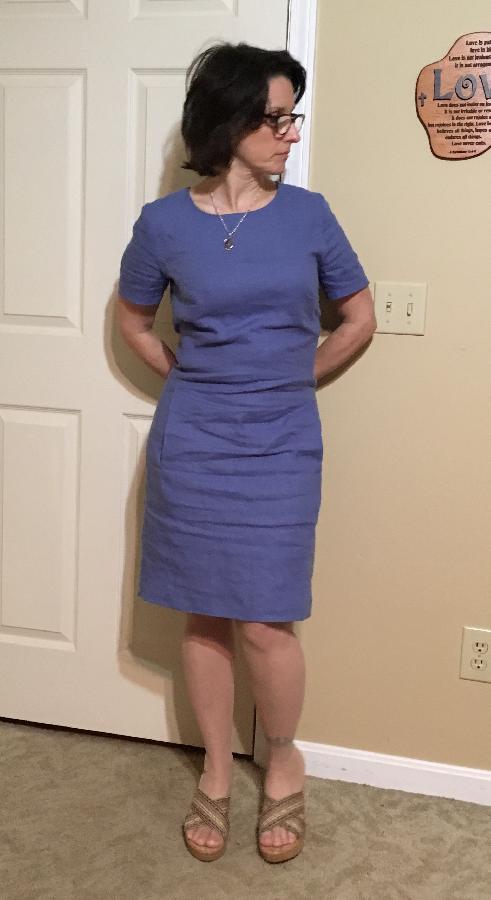 Amy , Linen dress , IC64 washed denim. 
Made by AC Ashworth & Company