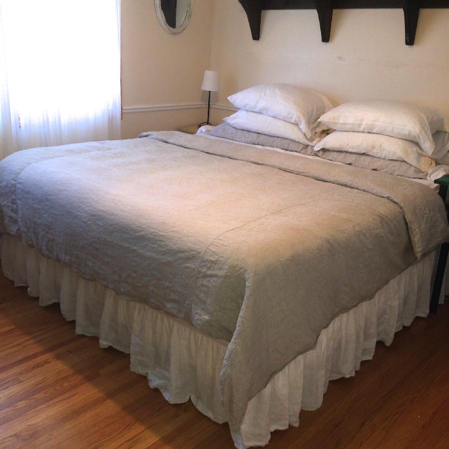 Tammy, My newly made linen bedding.
Linen king duvet cover (med weight mixed natural), bedskirt (bleached...
