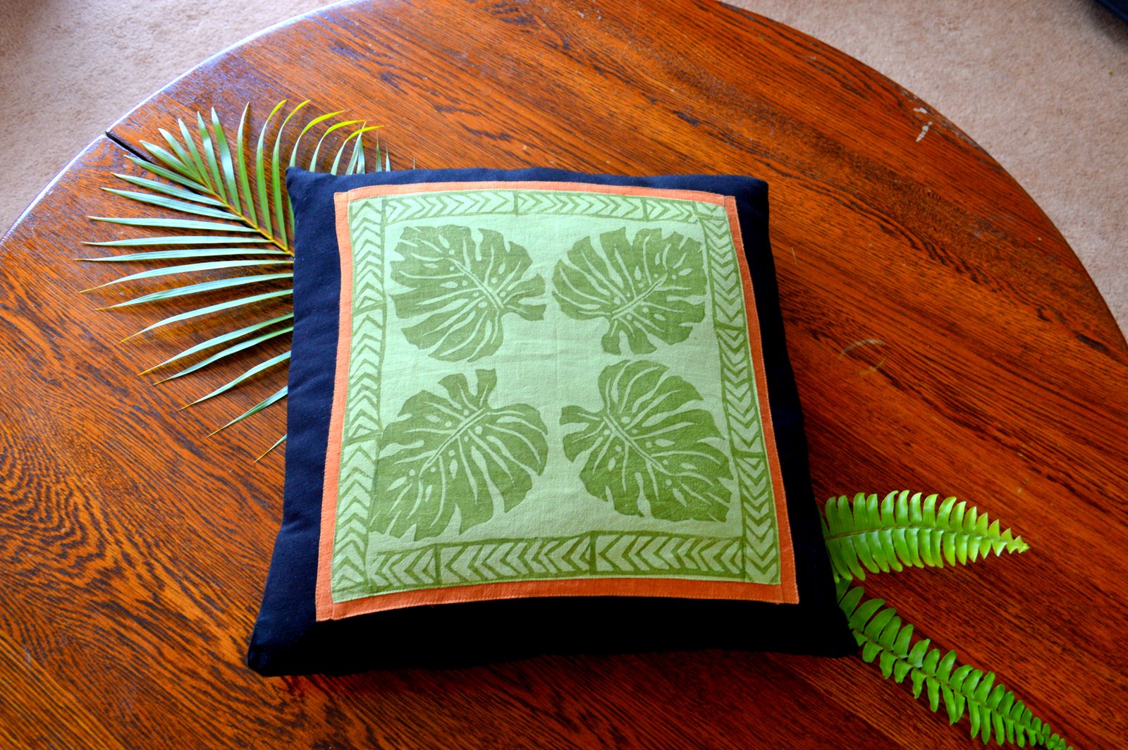 lesley, Hand printed monsteria leaf  linen cushion cover from hand carved wooden stamps .