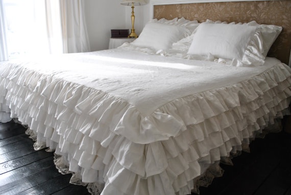 Paul, Linen ruffled coverlet  made with medium weight optic white linen, each row of ruffles has 3 yards o...