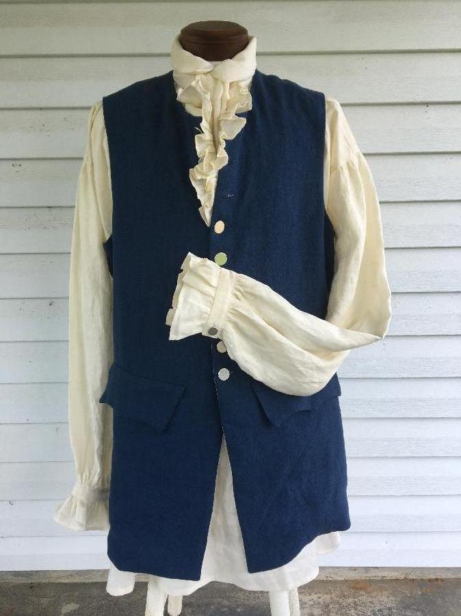 Matthew, This is a 100% linen, mid-18th century shirt and waistcoat ensemble. Both are machine sewn. The wais...