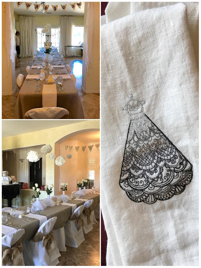 Beverly, For my daughters bridal shower I made linen napkins and embroidered linen fingertip towels. The thr...
