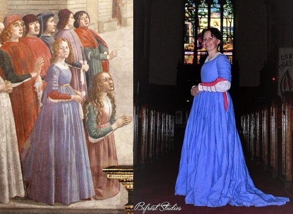 Caryn, This was a recreation of an outfit in Ghirlandaios painting of the Resurrection of the Boy. The whi...