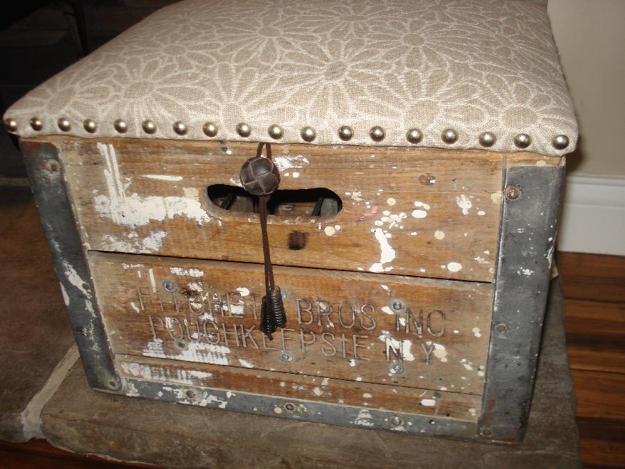 Jacqui, This is an Vintage Milk Crate recovered in the IL002 Ivory-Natural Daisy Field with an old leather b...