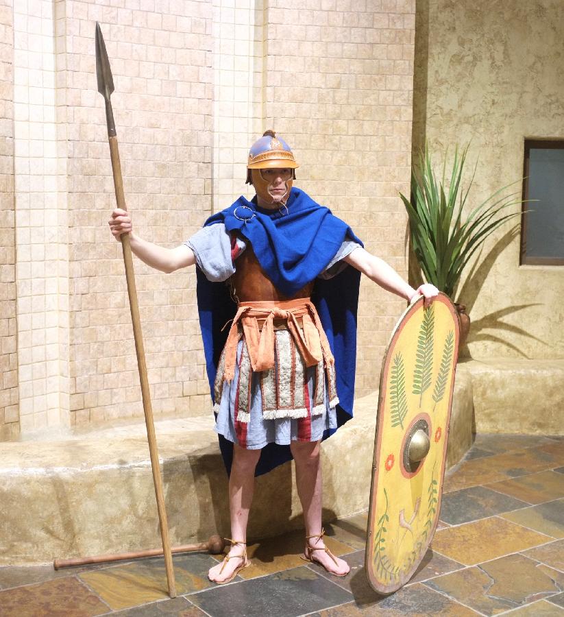 Levi, 1st Century Herodian Soldier  The Tunic, Pteruges, belt, and shield covering are linen.