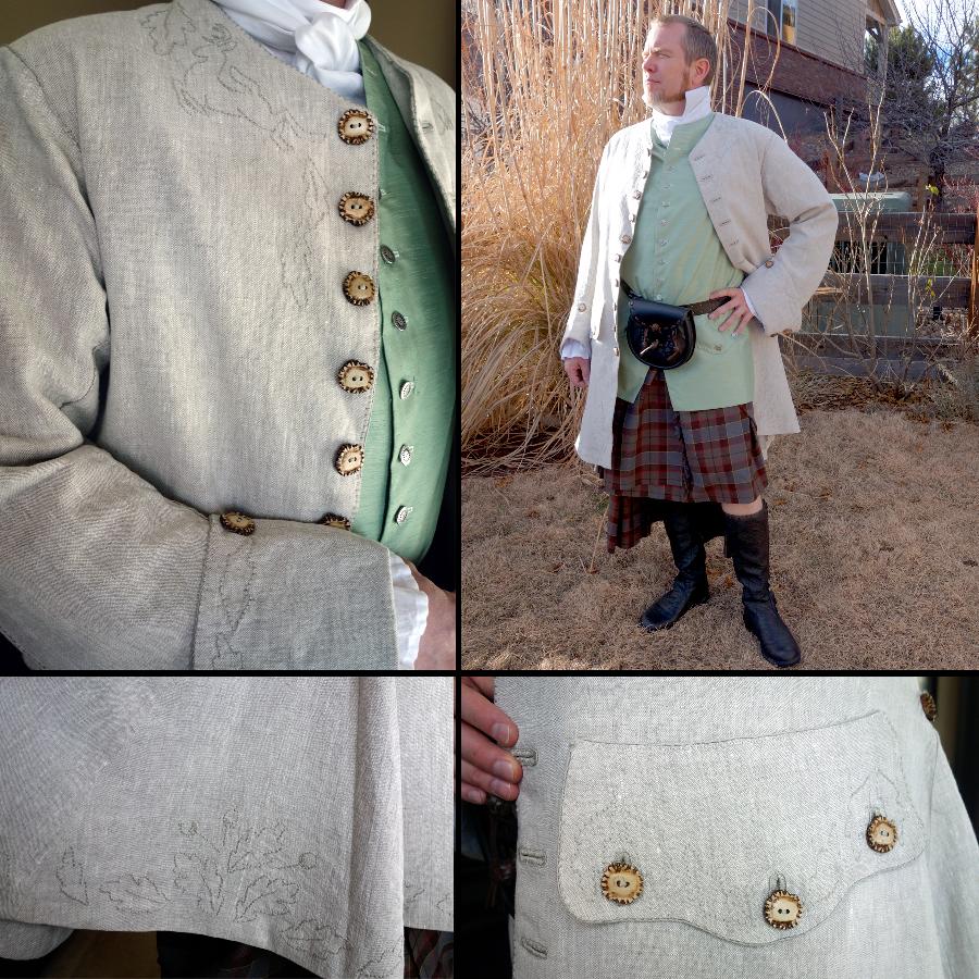 Holly, An 18th century frock coat I made for my husband. The entire skirt of the coat is hand embroidered w...